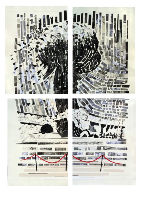 דובי הראל, כיבוי צופי, 2020, קולאז׳ מחלקי תחריט על נייר