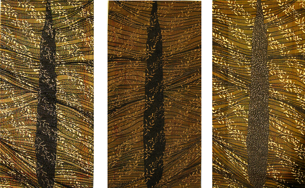 טריפטיכון, הדפס רשת על טקסטיל וציור בצבעי בד, 2005, 60על30 ס''מ כל עבודה