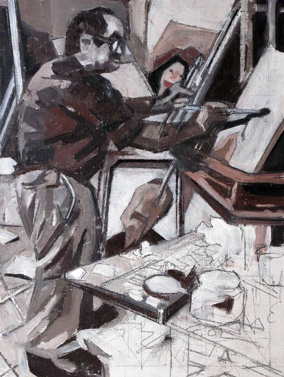 دوبي هارئيل, اوري ريسمان يرسم لوحة في الاستوديو (بناءً على لوحة لميريام شنور) ، 2022 ، زيت على قماش.